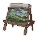 Pixel art of an easel depicting Bliss, the Window XP default wallpaper